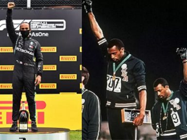 Piloto Lewis Hamilton se manifesta contra o racismo ao erguer o punho no pódio