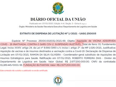 Ministério da Saúde confirma compra de 46 milhões de doses da CoronaVac do Butantan