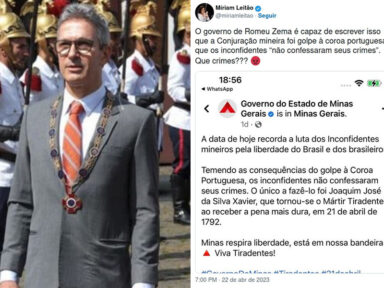 Governo Zema chama Inconfidentes de golpistas e Tiradentes de criminoso nas redes sociais