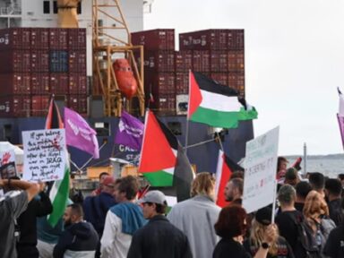 Manifestação contra massacre em Gaza ocupa porto australiano que recebeu cargueiro de Israel